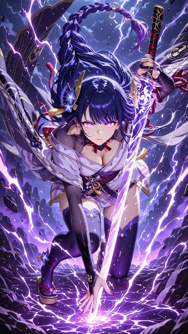 Hình nền Raiden Shogun ngầu tông tím lôi, hiệu ứng sấm sét dày vừa, nhìn nổi trên mobile.