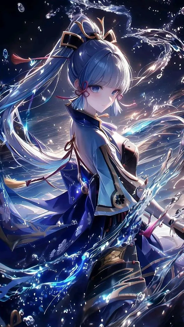 Hình nền Furina tông xanh biển, ánh sáng lạnh, khung cảnh nước sâu, dùng lâu không chói mắt.