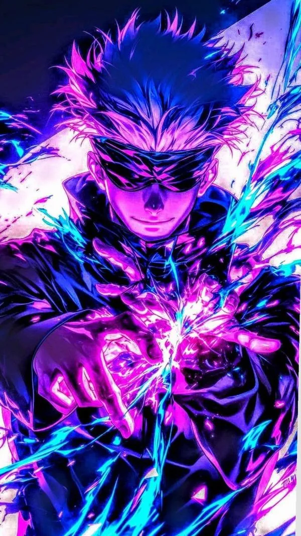 Ảnh fanart ngầu Gojo bùng tím năng lượng, viền sáng chói, cảm giác như chiêu Tử đang tụ lại