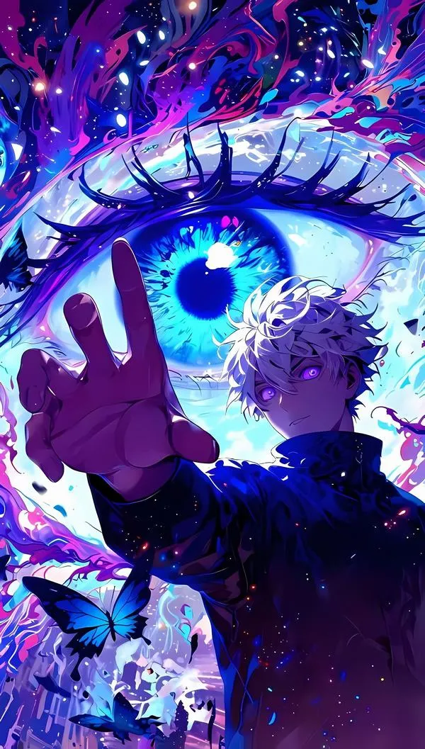 Hình Gojo đứng trước con mắt xanh khổng lồ, băng bịt mắt và aura tím làm điểm nhấn