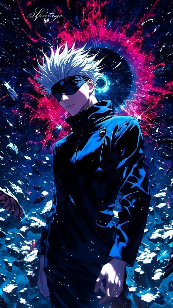 Ảnh 4K Gojo áo đen, nền đỏ xanh đối lập, khí chất chú thuật sư mạnh nhất rất rõ