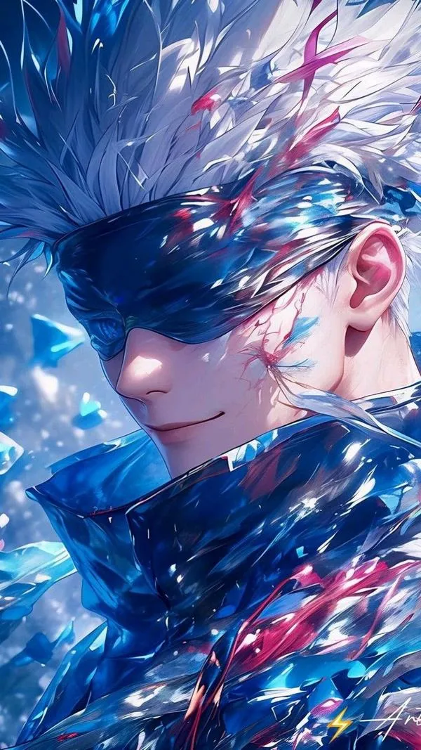 Hình nền Gojo nghiêng mặt yên tĩnh, tóc trắng mềm, ánh xanh lạnh tạo cảm giác dễ chịu