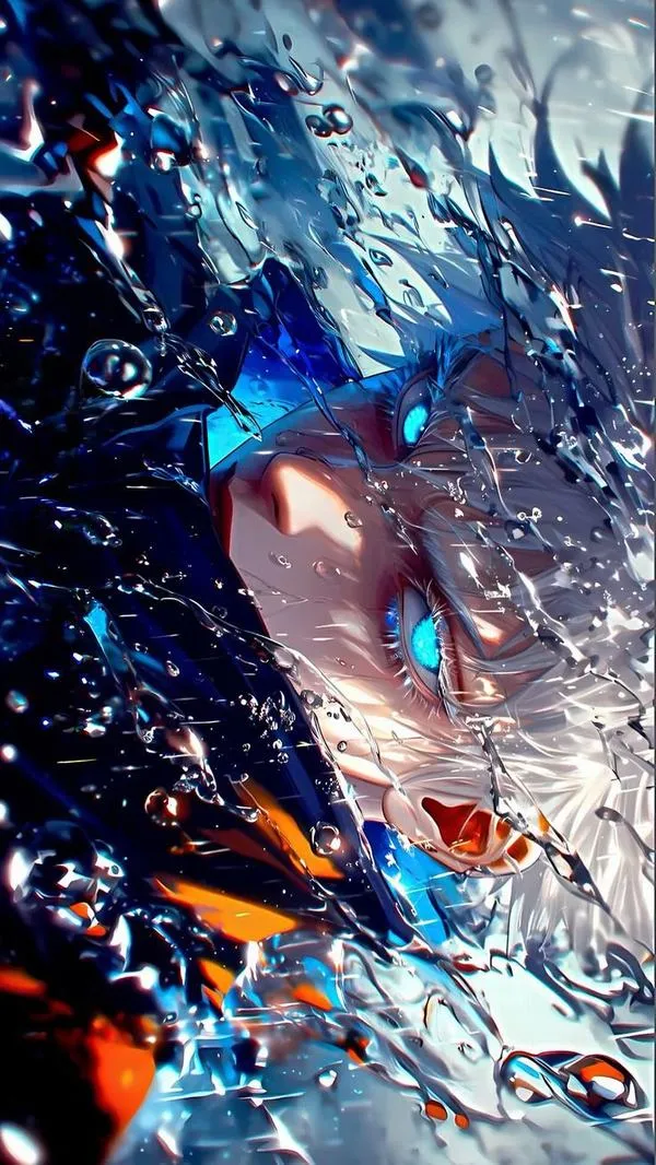 Ảnh fanart Gojo giữa mảnh vỡ xanh cam, chuyển động mạnh như chiến trường đang nổ tung