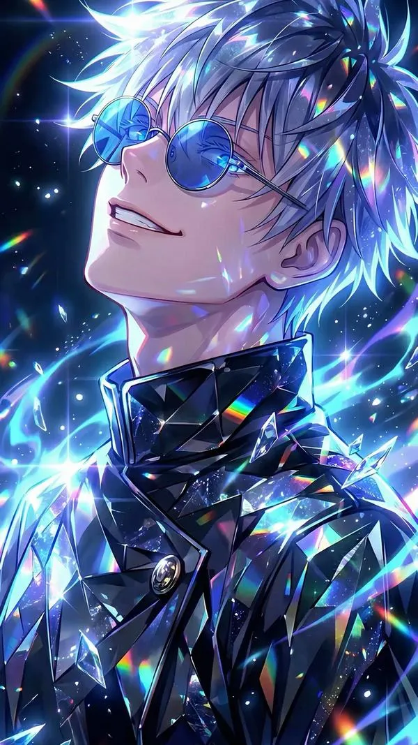 Hình đẹp Gojo-sensei mỉm cười, kính râm phản sáng, hạt xanh lấp lánh bao quanh đầy mê hoặc