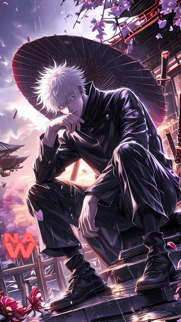 Ảnh anime Gojo cúi người, băng bịt mắt đen, nền đỏ tím mờ, vibe bí ẩn và nguy hiểm