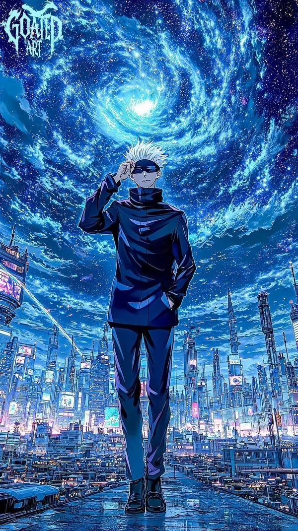 Hình nền anime Gojo đứng giữa xoáy trời xanh, nền thành phố lạnh, vibe Vô Hạn rất ngầu
