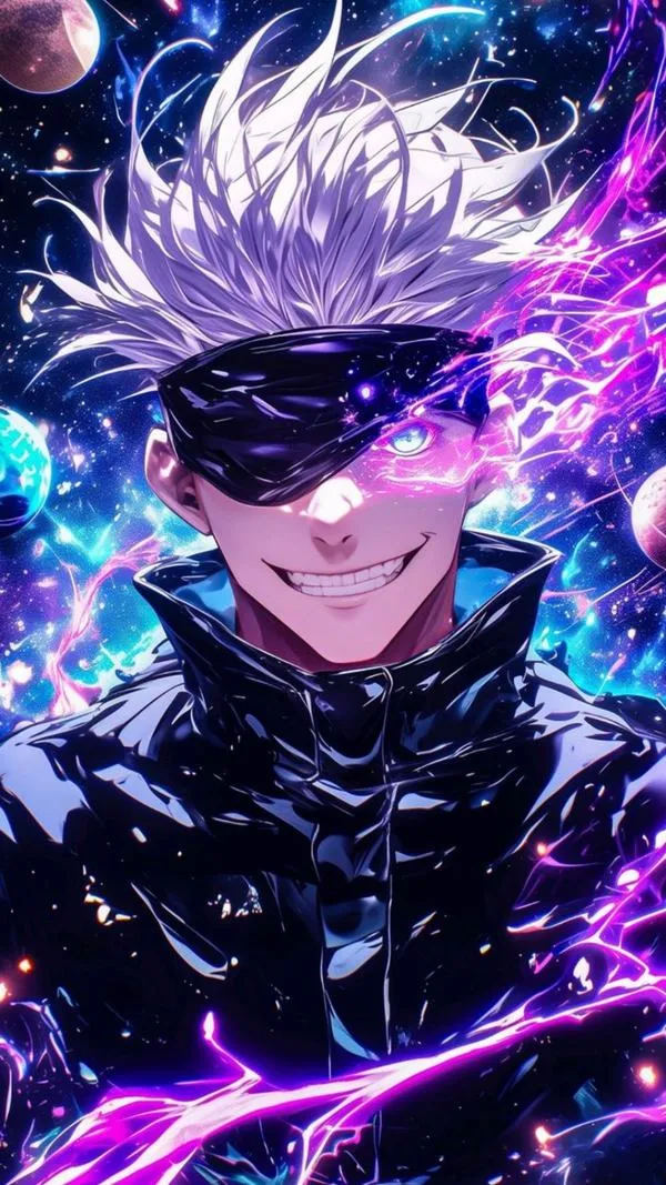 Hình nền 4K Thầy Năm cười nhẹ, đồng phục đen bóng, dải tím chạy ngang tạo độ ngầu