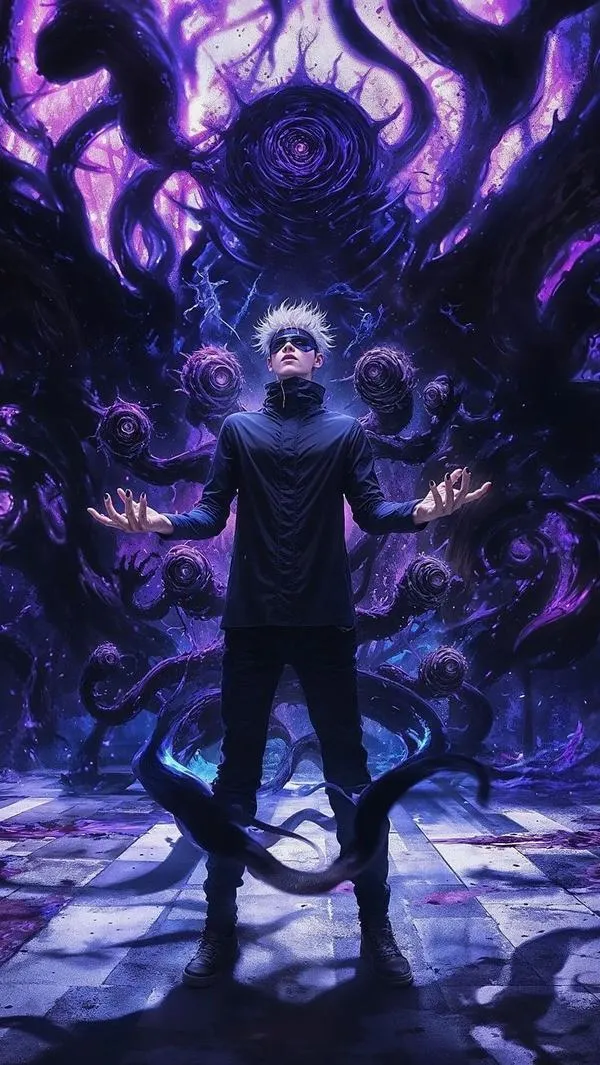 Ảnh bìa Gojo đứng đối diện bóng tối tím, phía sau như lãnh địa mở ra, cảm giác căng thẳng