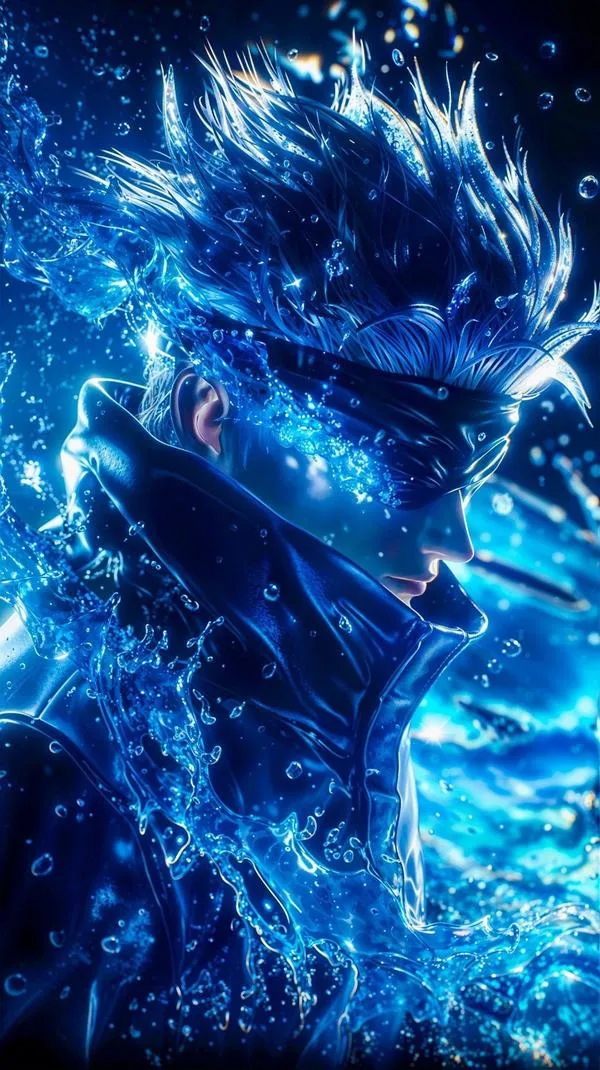 Hình nền anime Gojo giữa dòng năng lượng xanh, bố cục dọc gọn, hợp màn hình tối giản