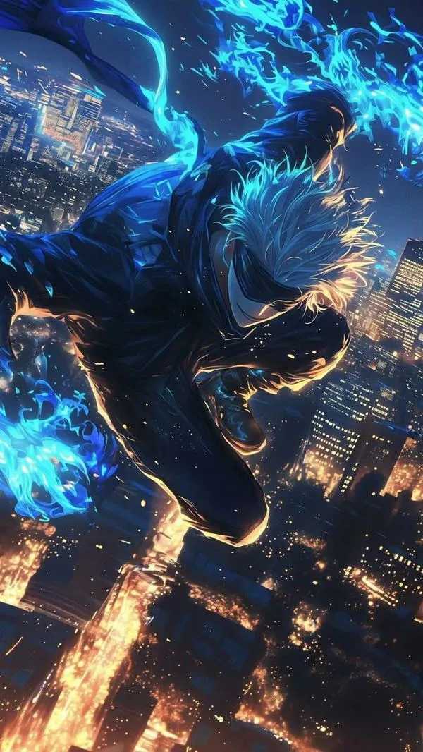 Hình 4K Gojo lao tới trong aura xanh, nền cháy cam, cảm giác Hách vừa bùng nổ