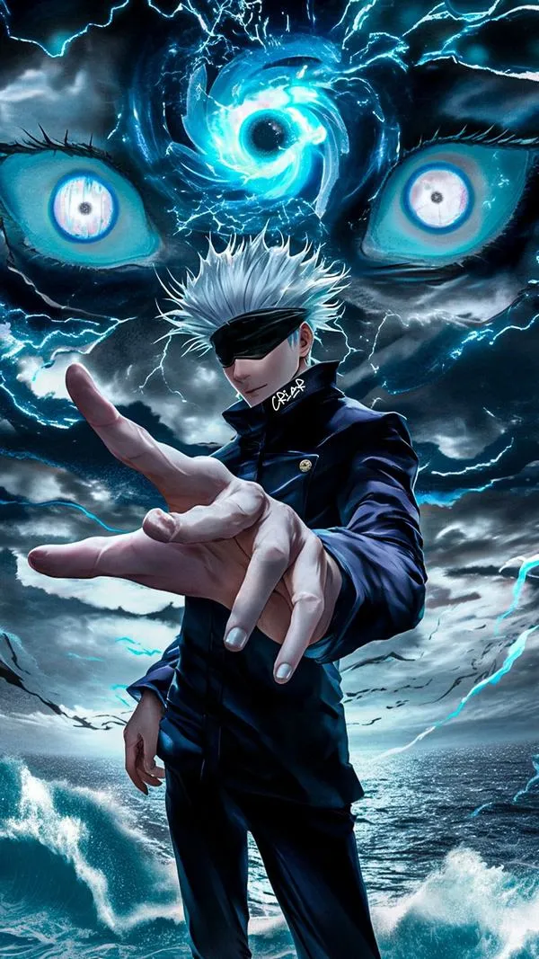 Hình nền Gojo giơ tay tạo ấn, sau lưng đôi mắt xanh rực, cảm giác bị nhìn thấu từng lớp