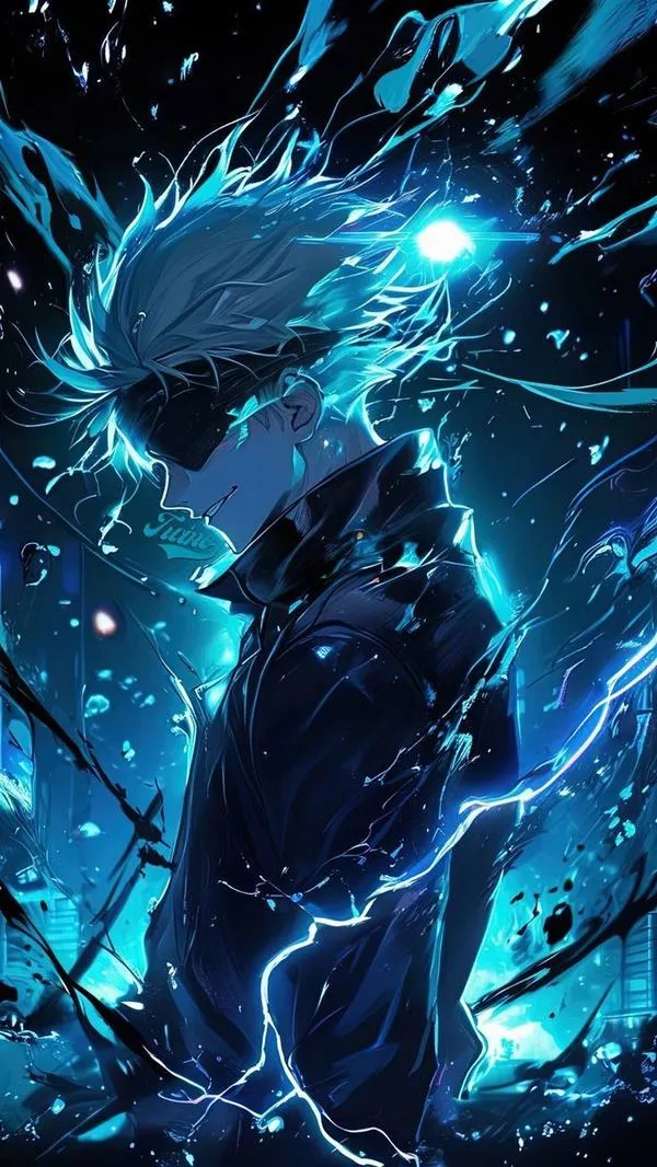 Hình đẹp Gojo bước giữa tia xanh và sương lạnh, nền tối sâu, cảm giác Vô Hạn đang bao quanh