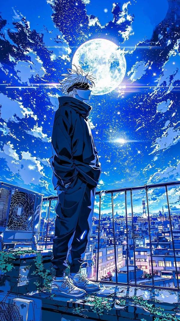 Ảnh 4K Gojo trên mái nhà dưới trăng sáng, tóc trắng nổi bật, không khí yên mà áp đảo