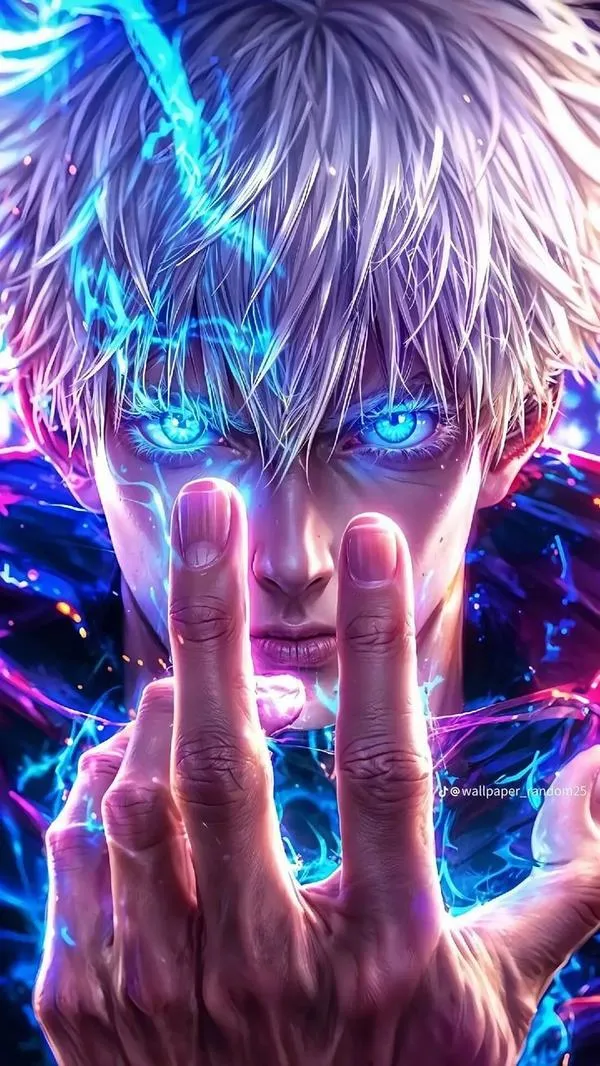 Hình nền 4K Gojo cận mặt, hai ngón tạo dấu, ánh neon xanh tím làm gương mặt nổi bật