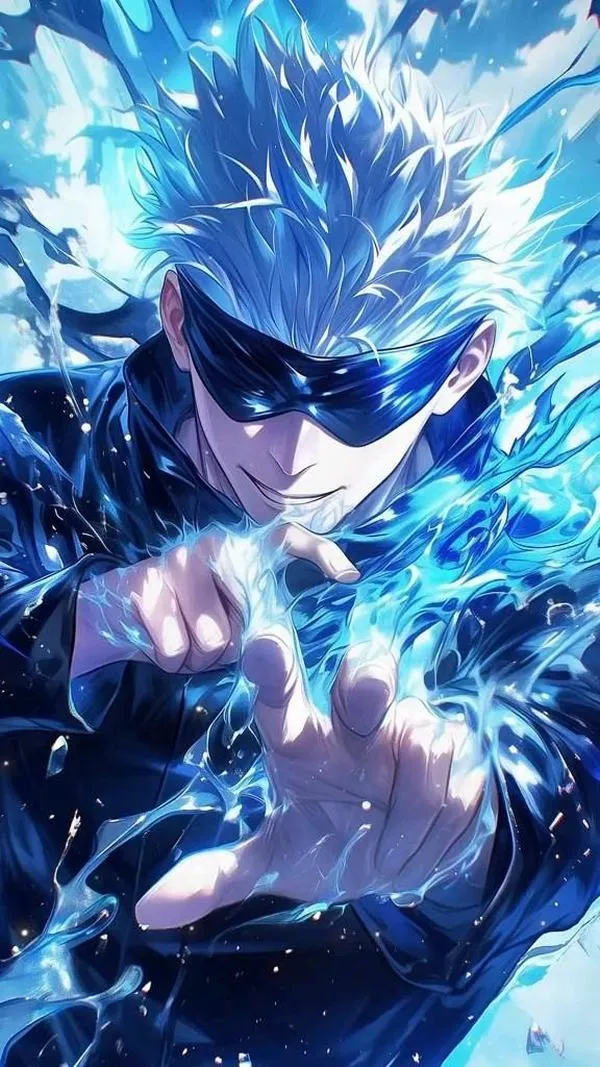 Hình nền anime Gojo đưa tay về phía trước, ánh xanh tụ lại, cảm giác như đang kéo Thương