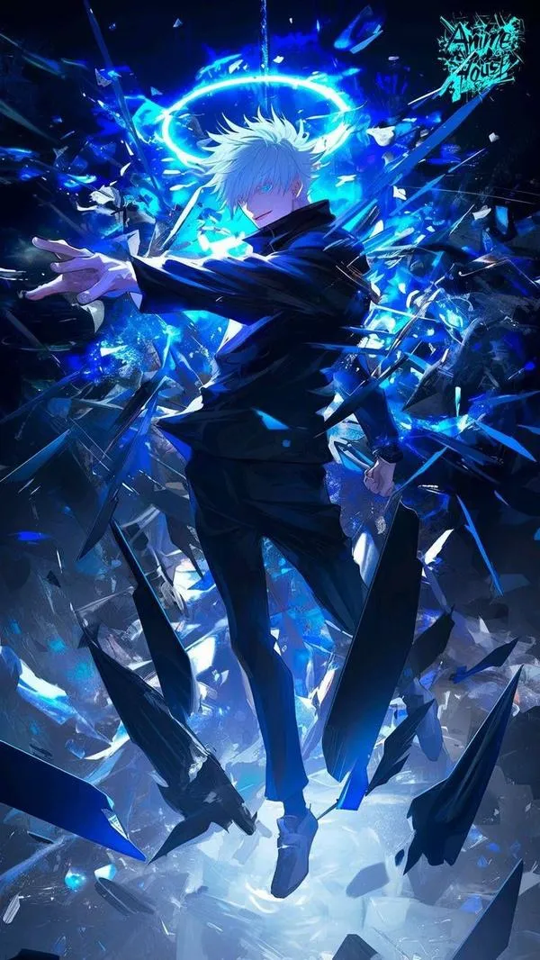 Ảnh 4K Gojo bay trong không trung, áo đen tung nhẹ, vòng sáng xanh tạo độ kịch tính