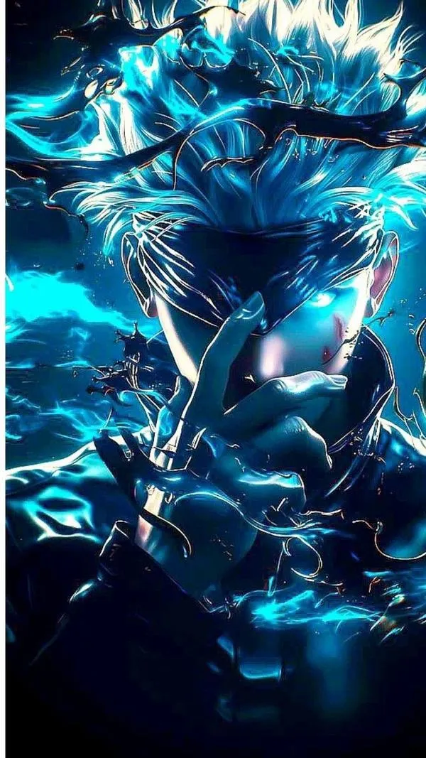 Ảnh ngầu Gojo với luồng xanh cuộn mạnh, nền tối sâu, cảm giác sức mạnh áp đảo tràn màn hình