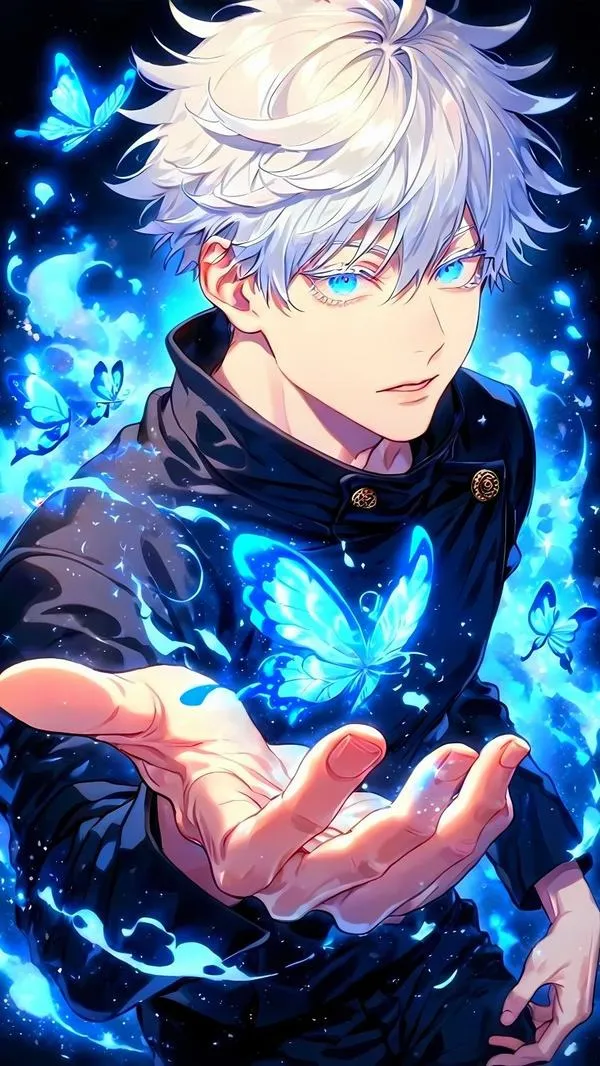 Hình nền đẹp Gojo tóc trắng sáng, bàn tay nâng ánh xanh, phong cách nhẹ mà vẫn rất chất