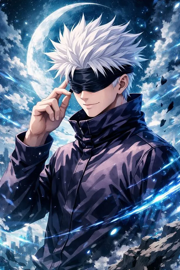 Ảnh anime Gojo chỉnh băng bịt mắt, nước bắn viền sáng, tông xanh lạnh cực hợp điện thoại