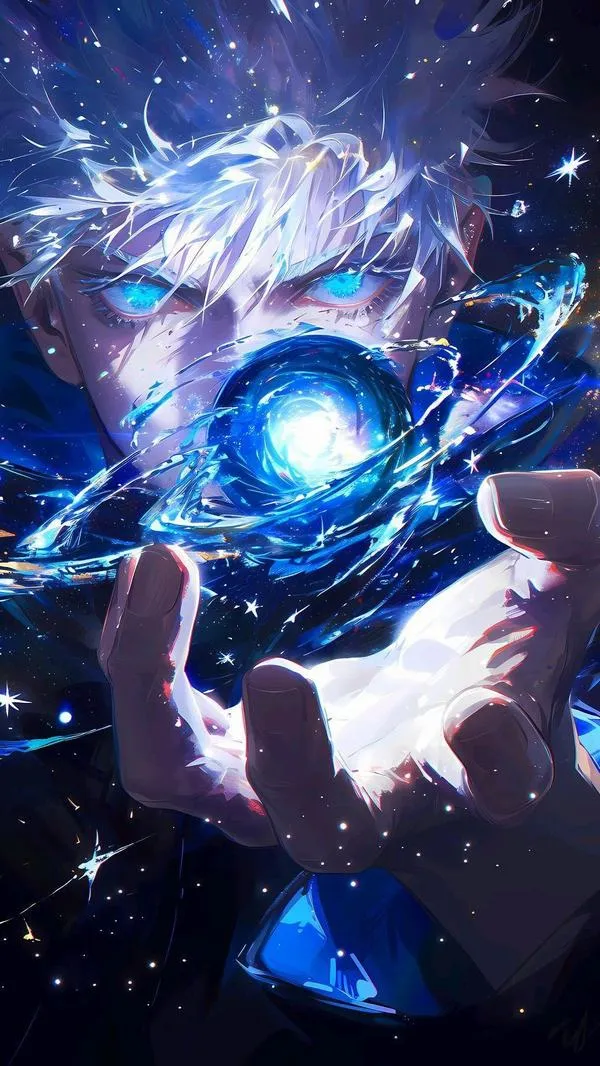 Hình 4K Gojo cầm khối sáng xanh, nền tối sạch, bố cục thoáng nên icon nhìn rất rõ