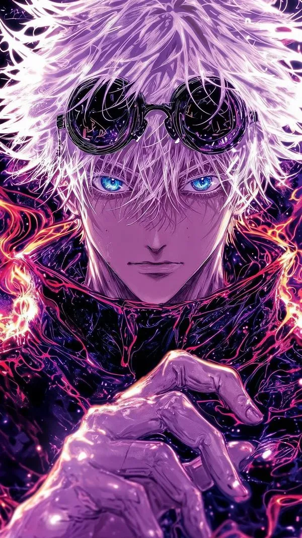 Ảnh fanart Gojo-sensei cận mặt tím rực, kính râm trên đầu, bàn tay tạo dấu chú lực