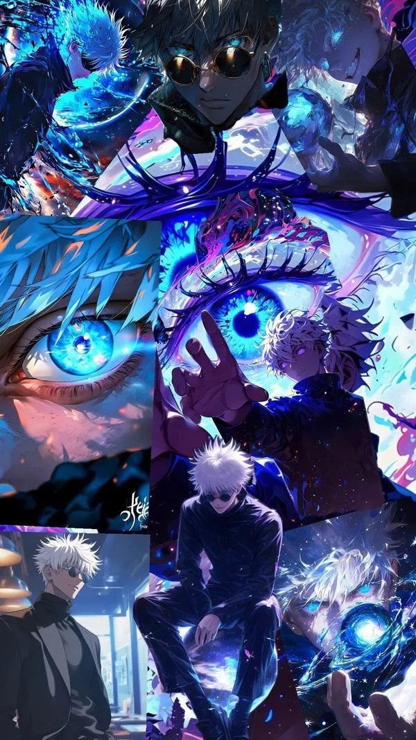 Ảnh bìa Gojo với Lục Nhãn khổng lồ phía sau, ánh xanh tím phủ khung hình rất hút mắt