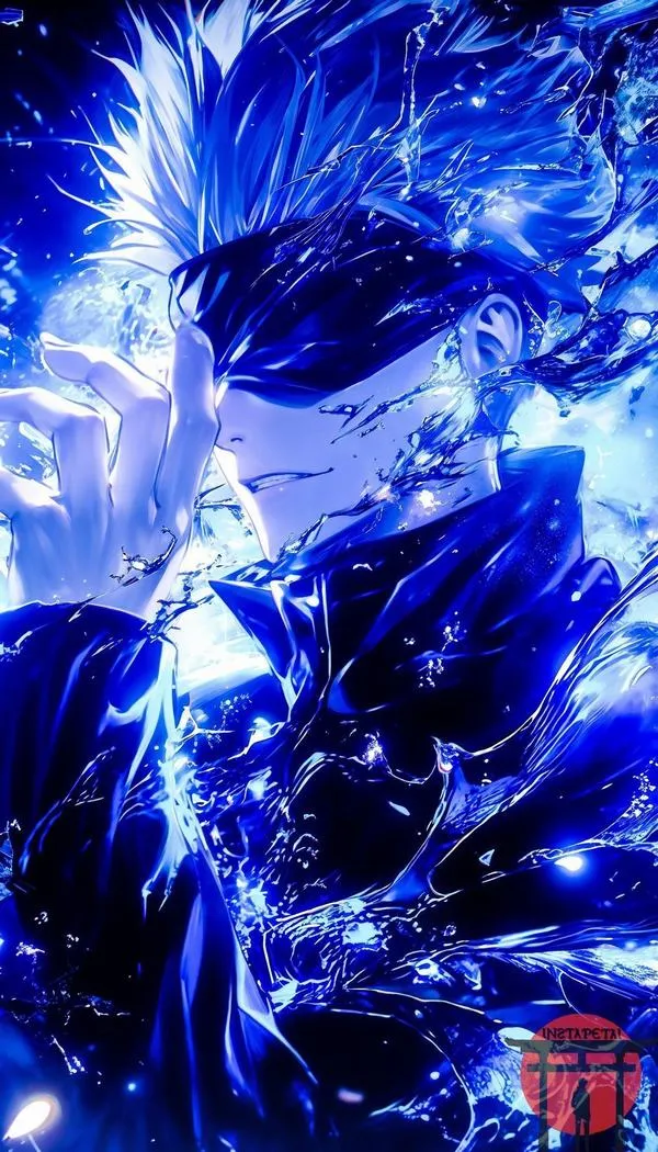 Ảnh anime Gojo trong mưa ánh xanh, gương mặt sắc lạnh, hạt sáng bay như năng lượng rạn nứt