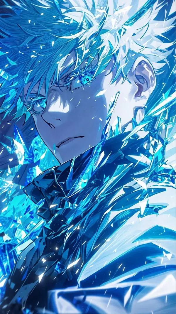 Hình 4K Gojo cận cảnh tóc trắng, lớp băng ánh xanh phủ mặt, nhìn kiểu pha lê rất cuốn