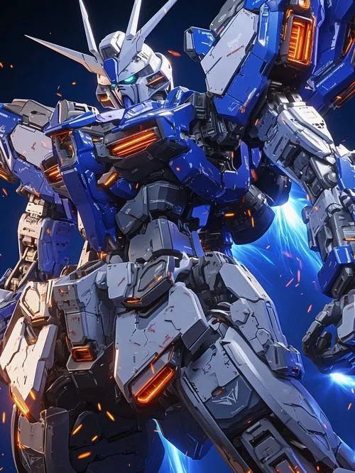 Ảnh dọc Gundam Hi-Nu, fin funnel xếp sau lưng, đường gân rõ, nền xanh đậm rất sâu