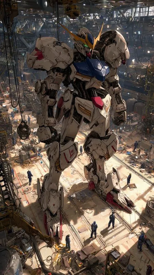 Hình nền Gundam sketch đỏ xám nhiều nét phá, cảm giác chiến trường bụi khói, chủ thể nổi khối