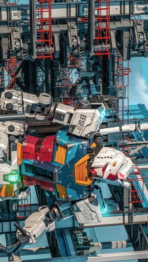 Ảnh nền robot tông xanh lạnh, Gundam đứng cô độc, nền bụi tuyết, ánh viền nhẹ, nhìn rất sâu