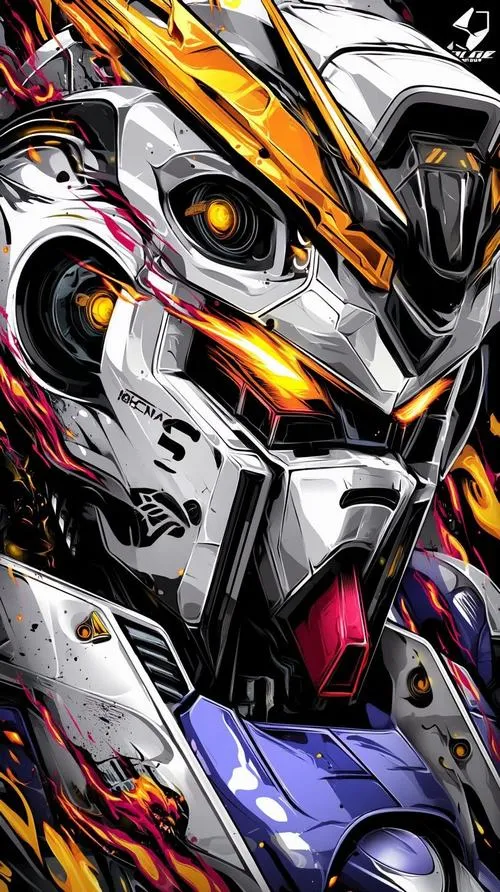 Hình nền Gundam phong cách collage thành phố, decal rải dày, panel line rõ, bố cục dọc sạch