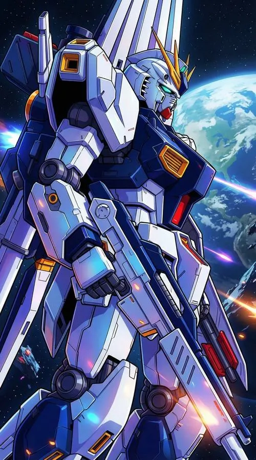 Hình nền Gundam toàn thân nền rối kỹ thuật, giáp nhiều lớp, khớp nối rõ, vibe Real Robot
