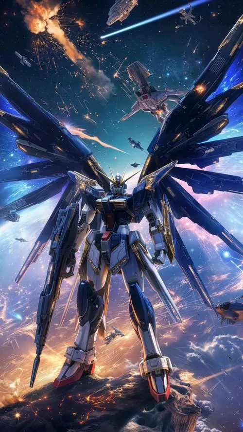Wallpaper robot Gundam đầu có sừng xanh, mắt đôi sắc, giáp trắng bẩn nhẹ, phong cách anime
