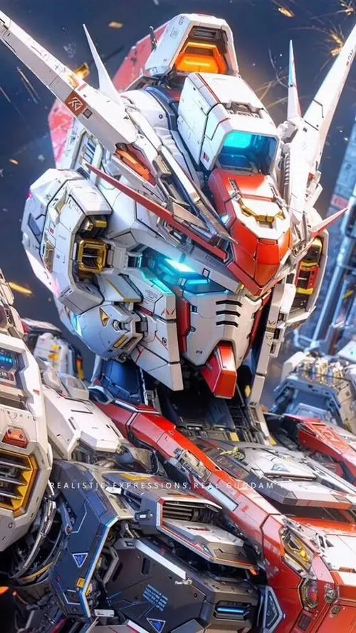 Ảnh nền mecha cận mặt giáp đỏ đen, mắt đôi sáng, vệt trầy xước, cảm giác chiến trường