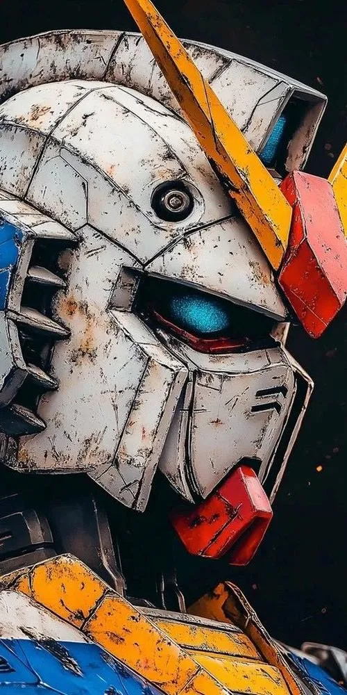 Hình nền Gundam phong cách neon cận đầu, panel line dày, cụm mắt phát sáng, nhìn rất ngầu