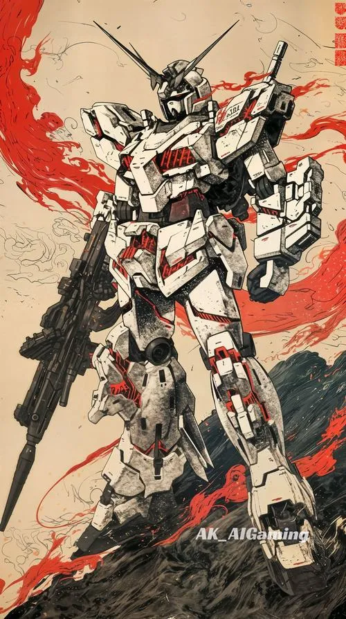 Ảnh fanart mecha nét mực đỏ, Gundam dáng chiến binh, nền giấy thô, cảm giác Real Robot