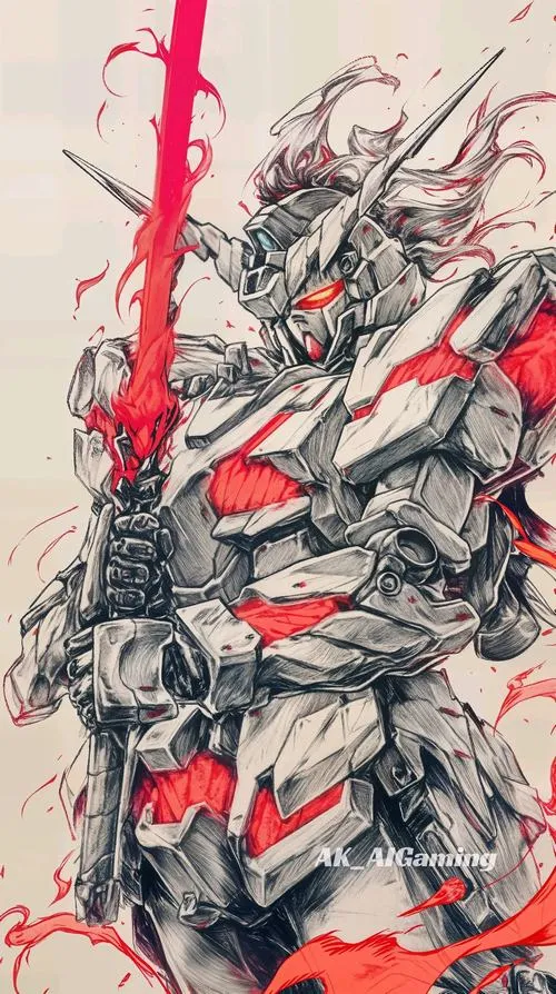 Ảnh nền robot kiểu Gundam đầu trắng viền đỏ, mắt đôi sắc, thoát nhiệt rõ, nhìn suông dễ chịu