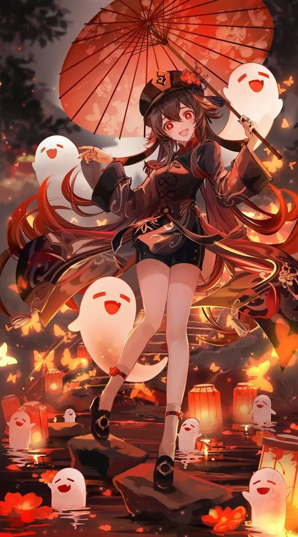 Hình nền 4K Hu Tao với ánh mắt hoa mận đỏ rực, nền tối sâu, điểm sáng tập trung gọn.