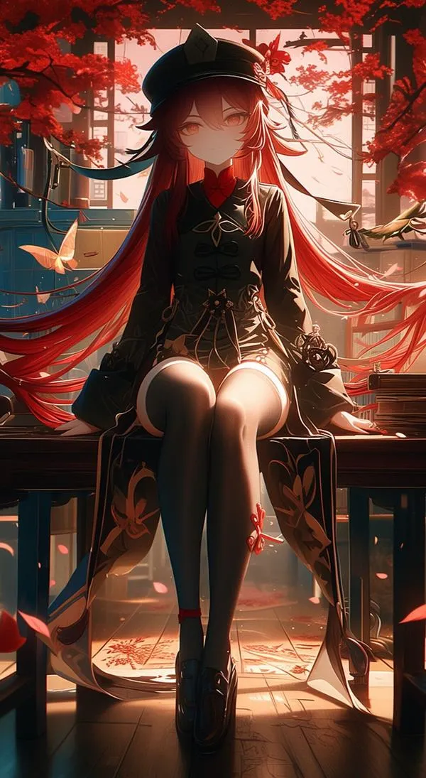 Hình nền điện thoại Hu Tao cận mặt, nụ cười bỡn cợt, ánh mắt hoa mận, vibe huyền ảo.