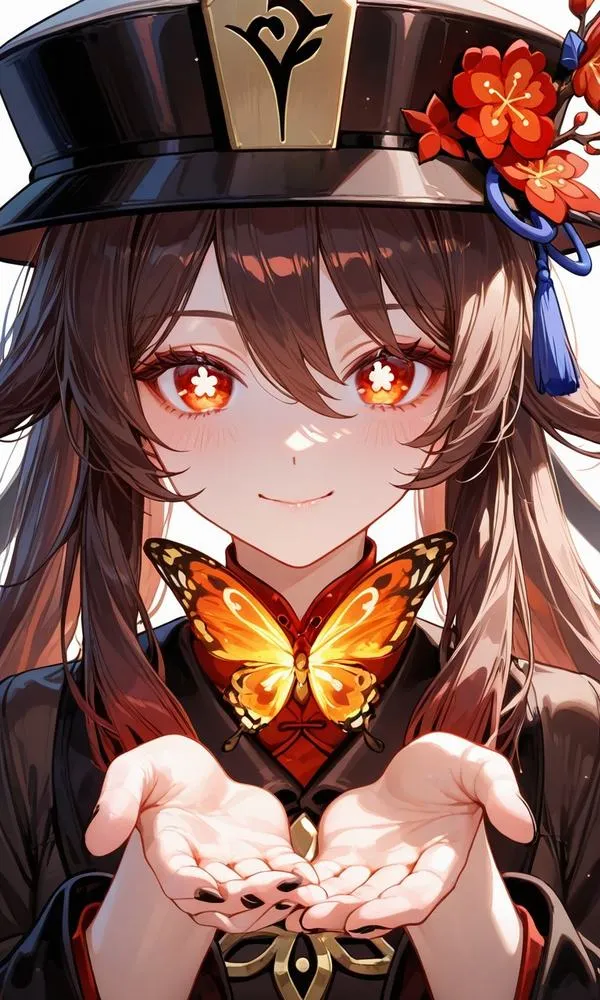 Ảnh nền anime Hu Tao nghiêng vai, tóc dài chạm lưng, đuôi tóc chuyển đỏ, ánh sáng viền nhẹ.