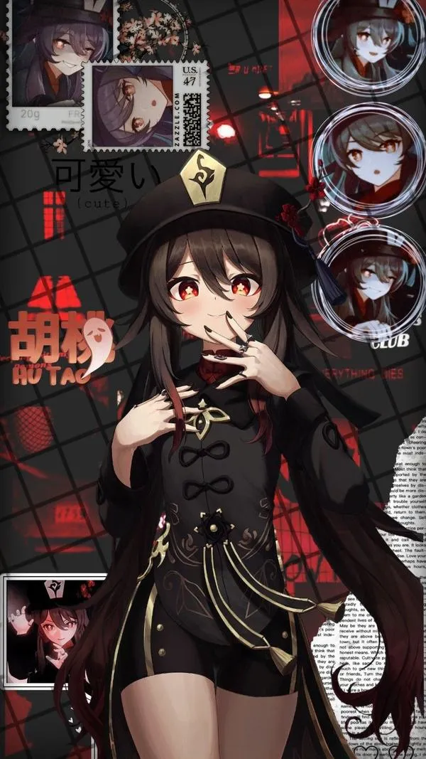 Hình nền đẹp Hu Tao với hoa mận khô, trường bào nâu đậm, nền phố cảng Liyue mờ.