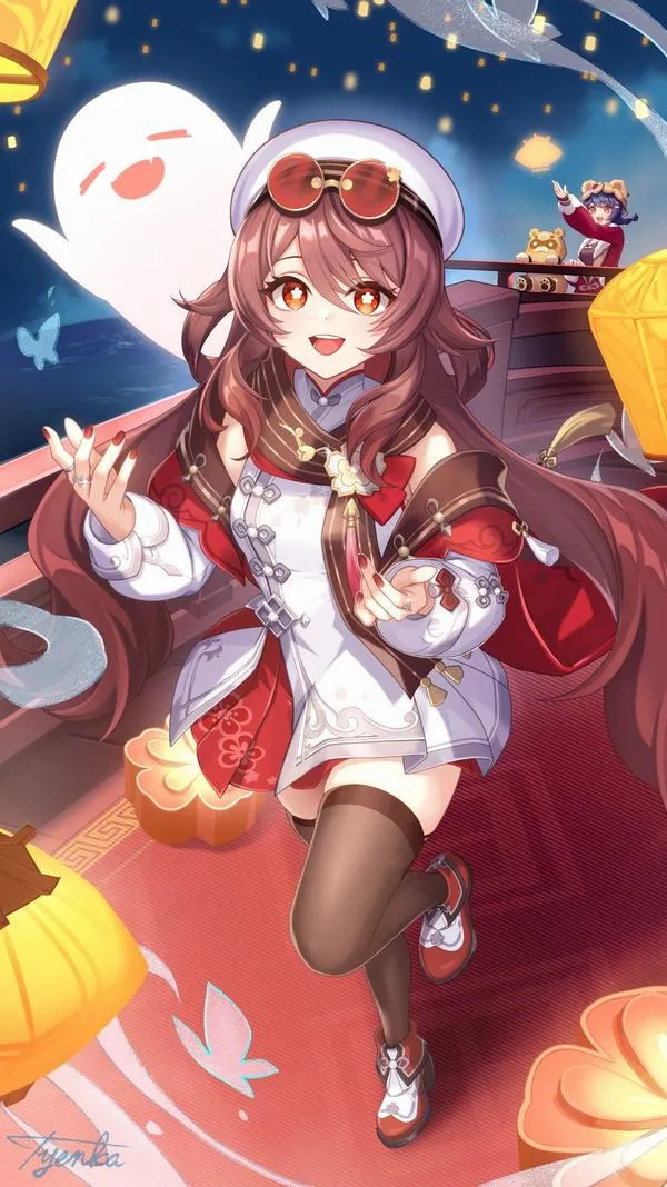 Ảnh nền Hu Tao có ấn Huyết Mai Hương, chi tiết đỏ nổi trên nền trầm, cảm giác mạnh mẽ.