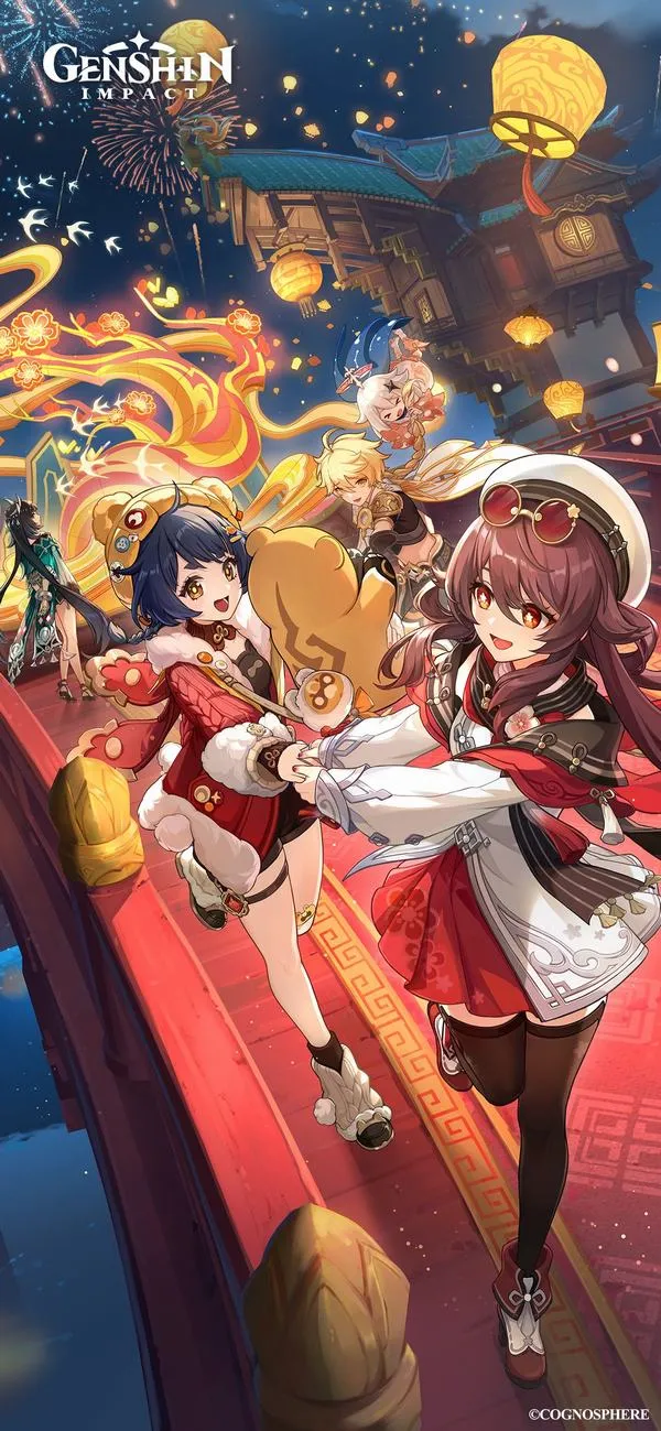 Ảnh nền Hu Tao tông đỏ nâu, đồng tử hoa mận đỏ, nền tối sâu, viền sáng Pyro.