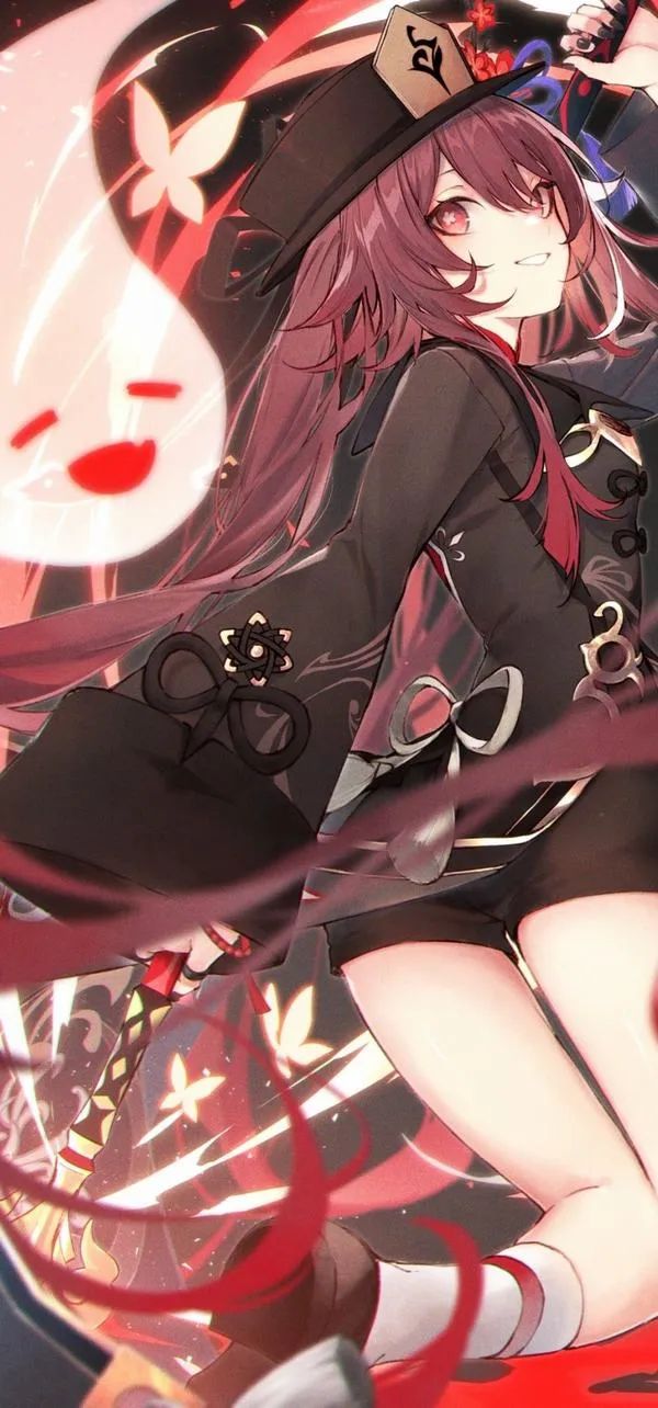 Ảnh bìa Hu Tao ở Liyue, sương mờ và ánh lửa, bố cục cân, hợp banner trang cá nhân.