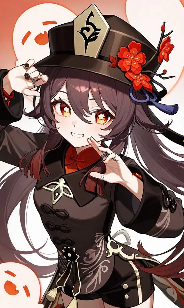 Ảnh fanart Hu Tao cổ phong, mũ Càn Khôn Thái Cực cao gọn, hoa văn thêu rõ nét.