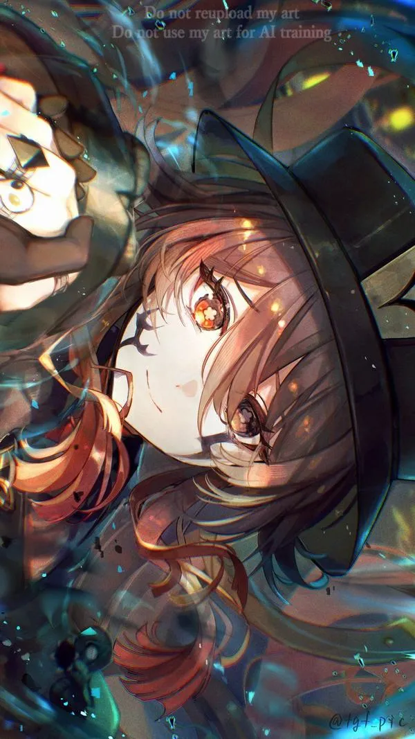 Hình nền Hu Tao toàn thân, tóc nâu đuôi đỏ, nhẫn nhiều ngón, linh hồn nhỏ bay cạnh vai.