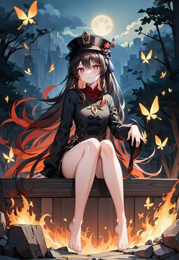 Ảnh fanart Hu Tao ngầu 4K, mũ Càn Khôn Thái Cực, trường bào thêu hoa văn, nền u tịch.