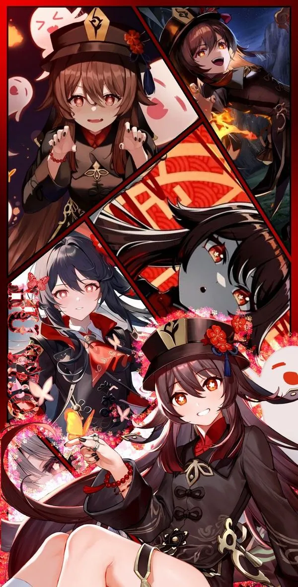 Hình nền đẹp Hu Tao phong cách cổ phong, hoa mận khô trên mũ, nền tối sâu, chủ thể nổi khối.