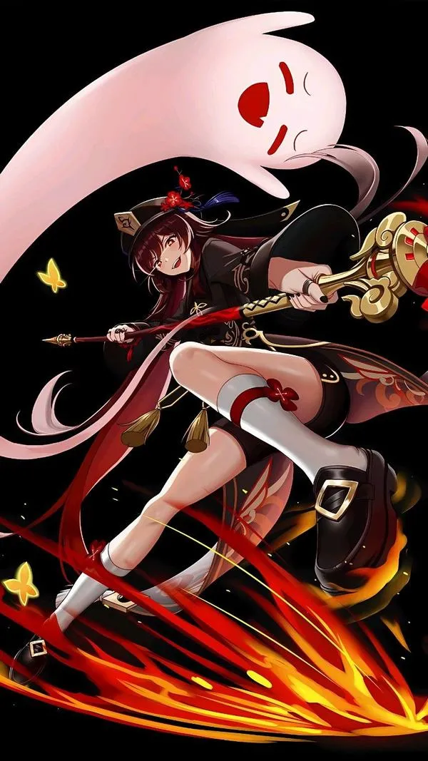 Hình nền Hu Tao cùng linh hồn nhỏ bay lơ lửng, khung hình huyền ảo mà không rối.